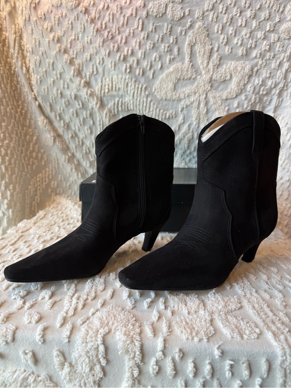 INC International Concepts Black Suede Pointed Ankle Booties with Side Zip #728 - Picture 2 of 5